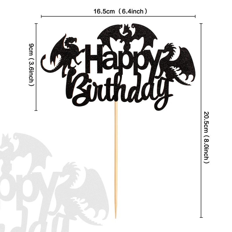 Ercadio 1 Pack Dragon Happy Birthday Cake Topper Black Glitter Dinosaur Cake Pick Decoration for Dragon Theme Birthday Party Supplies - Image 2